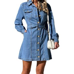 utcoco Womens Denim Dress 2024 Casual Long Sleeve Button Down Distressed Belted Jean Dress with Pockets