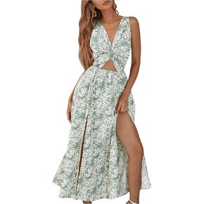 فستان نسائي طويل من OYOANGLE بتصميم Boho Ditsy مزين بالورود وفتحة رقبة على شكل حرف V وربطة عنق بدون ظهر وبدون أكمام صيفي طويل