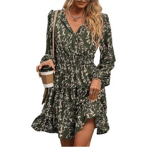 MakeMeChic Women's Long Sleeve Floral Short Dress Wrap V Neck Elastic Waist Casual Dresses