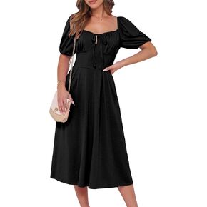 Caracilia Women Boho Floral Midi Dress Puff Sleeve Square Neck Tie Front Smocked Flowy Casual Summer Beach Wedding Dresses