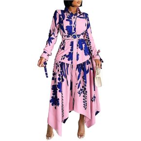 Women's Floral Print Dresses Long Sleeve Button Down Irregular Hem Maxi Dress with Belt
