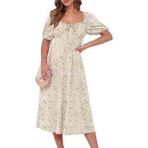 Caracilia Women Boho Floral Midi Dress Puff Sleeve Square Neck Tie Front Smocked Flowy Casual Summer Beach Wedding Dresses in Kuwait