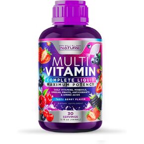Liquid Multivitamin for Women, Men, and Kids - Liquid Vitamins Supplement for Adults - Natural Multimineral - Vegan, Non-GMO, Gluten Free, Sugar Free – Delicious Berry Flavor - 15 Fl Oz, 30 Servings