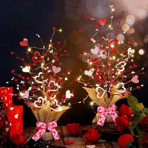 2 Pieces Lighted Valentine's Day Artificial Heart Table Tree 21" H Shinny Tree Table Centerpiece Valentine's Day Tree for Valentine's Day Holiday Decoration Home Artificial Plants