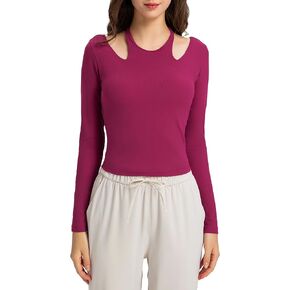 MEIVSO Womens Long Sleeve Halter Workout Shirts Ribbed Slim Fit Open Back Yoga Athletic Cropped Tops Reddish Purple XL