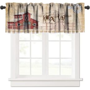Rustic Farm Kitchen Curtain Valance Vintage Red Barn Cow Windmill Window Treatment Valance for Living Room Bedroom, 54x18in