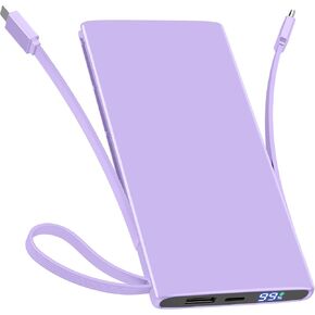10000mAh Portable Charger Fast Charging 22.5W 20W Slim USB C Power Bank with Built in Cables