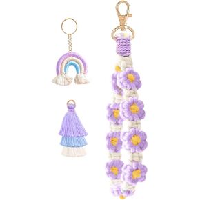 Daisy Boho Handmade Wristlet，3 in 1 Boho Daisy Flower Wristlet Keyring, Daisy Boho Handmade Wristlet Macrame Keychain Wristlet with Boho Rainbow Boho Pom Pom Tassel Boho Keychain Bracelet Holder