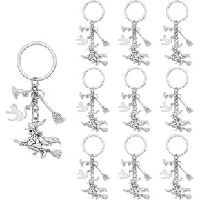 10Pcs Witch Keychain Alloy Witch Broom Wizard Hat Cat Charm Keyrings Halloween Decorations for Women Men Gifts or Magic Lovers
