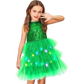 EASEDAILY Light up Girls Dress Glitter Sequin Green Tulle Mesh Ruffle LED Casual Dresses for Birthday Party