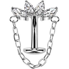 Pierced Owl 14GA ASTM F-136 Implant Grade Titanium Threadless Push-In CZ Crystal Marquise Fan with Dangling Chain Floating Belly Button Ring