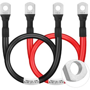 كابل بطارية 2 قياس 1 قدم، 2AWG كابلات عاكس طاقة البطارية (1 إيجابي و1 سلبي) مع أطراف عروات 5/16 بوصة للسيارات الشمسية والقوارب البحرية والدراجات النارية والسيارات RV