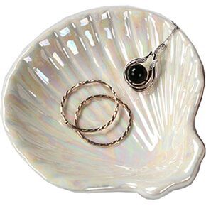 Shell Jewelry Ring Holder Dish, Cute Room Decor Seashell Jewelry Dish Tray, Small Ceramic Jewelry Plate Bowl, Engagement Ring Dish Trinket Dish, Wedding Jewelry Tray for Earrings, Keys, 3.9"