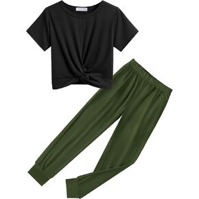 Flypigs Girls Clothing Sets Tie Dye 2 Piece Outfits Short Sleeve Twist Front Tops and Sweatpants Sportswear Tracksuits