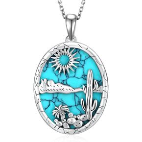 Western Cactus Necklace 925 Sterling Silver Turquoise Cactus Pendant Necklace Western Jewelry Gifts for Women