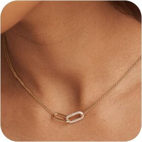 Gold Pendant Necklace for Women, Dainty Diamond Necklaces for Women Simple 14K Gold Plated Paperclip Choker Necklaces Cute Minimalist Open Oval Necklaces Gold Jewelry for Women Gifts