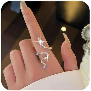 Vintage Long Crystal Snake Ring Silver Rhinestone Spiral Snake Ring Cz Snake Opening Finger Ring Punk Reptile Serpent Ring Adjustable Statement Ring Jewelry for Women