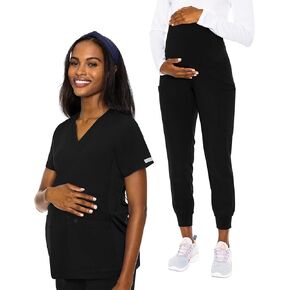 Med Couture Medical Scrub Set for Women Maternity V-Neck Top MC628 Maternity Jogger MC029 with Jersey Knit for Belly Coverage, Black - XL Top/XL Pant