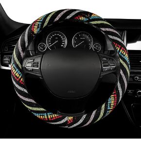 GXT 15 inch New Baja Blanket Car Steering Wheel Cover Universal Fit Most Cars Automotive Ethnic Style Coarse Flax Cloth (Black White)