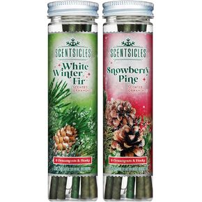 Scentsicles White Winter Fir and Snowberry Pine Scented Christmas Ornaments with Hooks - 2 Pack (2 Bottles, 12 Sticks Total)