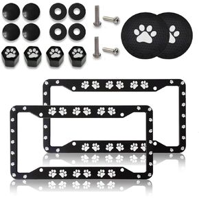 2 Pieces Paw Print License Plate Frames, 4 Pieces Paw Valve Stem Caps and 2 Pieces Paw mat, Aluminum Metal Personalized License Plate Holder, Cute Funny Decorative.