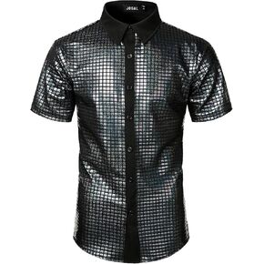 JOGAL Men's 70s Costume Rainbow Sequins Disco Party Dress Short Sleeve Button Down Shirts