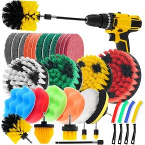 32 Pack Drill Brush Set, Drill Scrubber Brush Kit, Crevice Cleaning Brush, Buffing Pads for Drill, Drill Cleaning Brush Attachment Set with Extend Long Attachment for Grout, Tiles, Sinks, Car