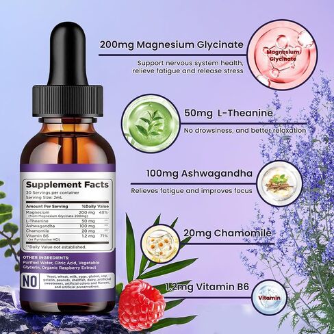 Triple Magnesium Complex Supplement, Magnesium Glycinate, threonate, Citrate Liquid Drops 200mg with Ashwagandha, CoQ10, Vitamin B6, C, D, Zinc - Vegan Mix Berry Flavor in Saudi Arabia