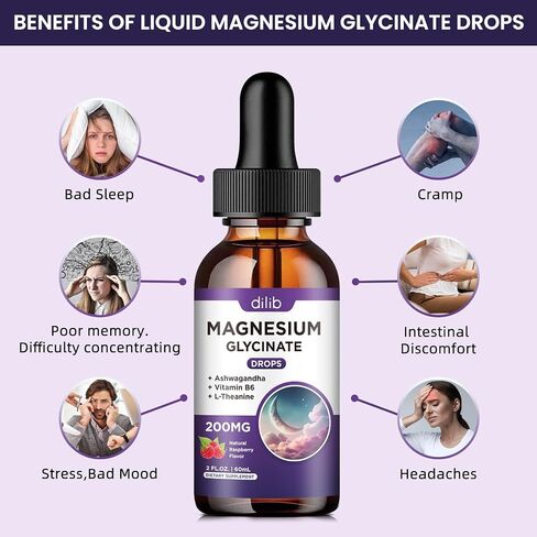 Triple Magnesium Complex Supplement, Magnesium Glycinate, threonate, Citrate Liquid Drops 200mg with Ashwagandha, CoQ10, Vitamin B6, C, D, Zinc - Vegan Mix Berry Flavor in Saudi Arabia