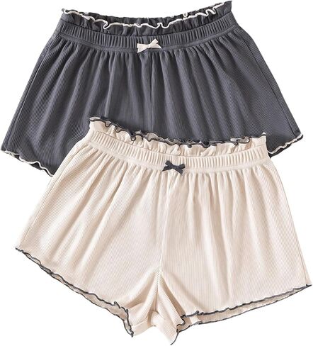 Milumia Women's 2 Pack Bow Front Lettuce Trim Rib Knitted Comfy Pajama Shorts in Saudi Arabia