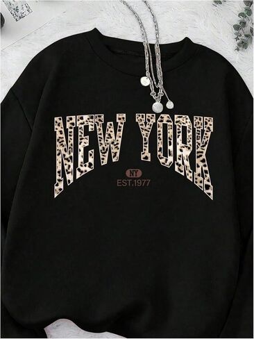 MakeMeChic Women's Y2K Leopard Print Tops Crew Neck Sweatshirt Letter Graphic Long Sleeve Sweatshirts in Saudi Arabia
