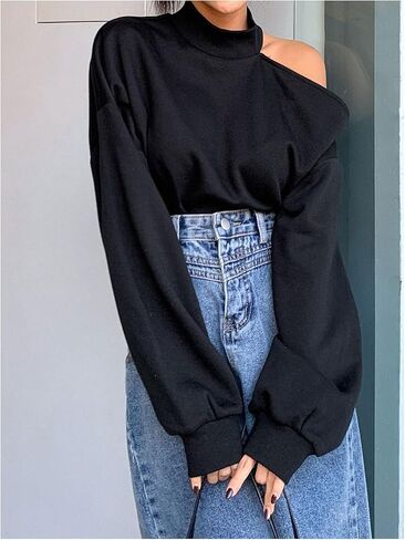 سويت شيرت SweatyRocks نسائي برقبة وهمية وأكتاف منسدلة وأكمام طويلة فضفاضة in Saudi Arabia