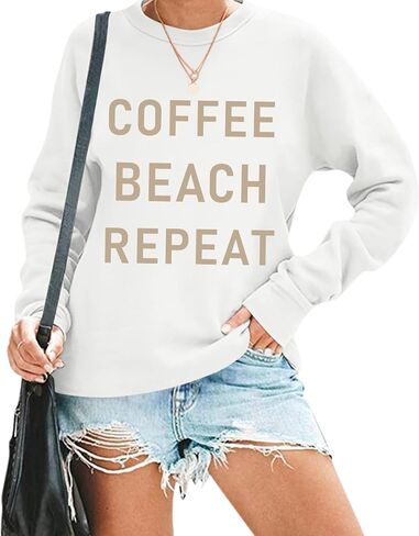 Coffee Beach Repeat Graphic Sweatshirt for Women Letter Print Crewneck Long Sleeve Shirts Casual Loose Pullover Tops in Saudi Arabia