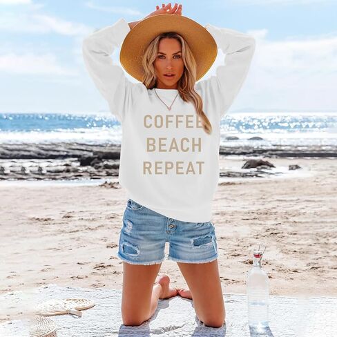 Coffee Beach Repeat Graphic Sweatshirt for Women Letter Print Crewneck Long Sleeve Shirts Casual Loose Pullover Tops in Saudi Arabia
