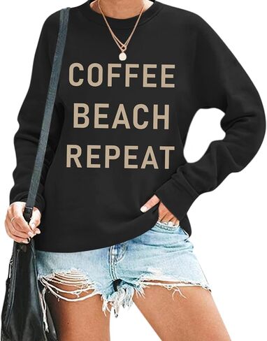 Coffee Beach Repeat Graphic Sweatshirt for Women Letter Print Crewneck Long Sleeve Shirts Casual Loose Pullover Tops in Saudi Arabia