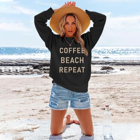 Coffee Beach Repeat Graphic Sweatshirt for Women Letter Print Crewneck Long Sleeve Shirts Casual Loose Pullover Tops in Saudi Arabia
