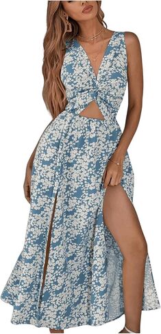 OYOANGLE Women's Boho Ditsy Floral Cut Out Twist V Neck Split Hem Tie Backless Sleeveless Summer Maxi Dress in Saudi Arabia