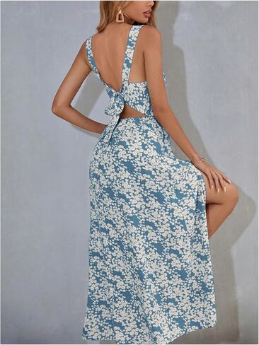 OYOANGLE Women's Boho Ditsy Floral Cut Out Twist V Neck Split Hem Tie Backless Sleeveless Summer Maxi Dress in Saudi Arabia