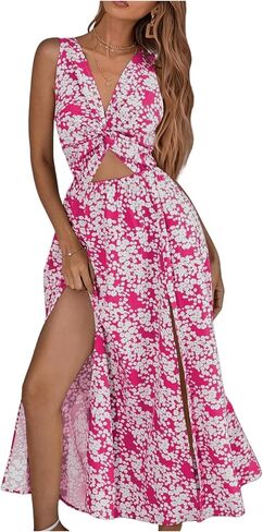 OYOANGLE Women's Boho Ditsy Floral Cut Out Twist V Neck Split Hem Tie Backless Sleeveless Summer Maxi Dress in Saudi Arabia