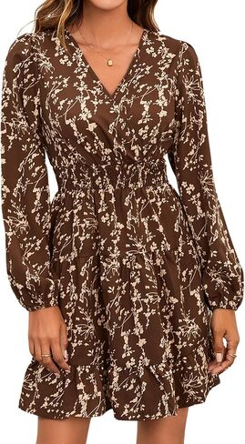 فستان MakeMeChic نسائي قصير الأكمام مزين بالزهور ورقبة على شكل حرف V وخصر مرن فساتين كاجوال in Kuwait