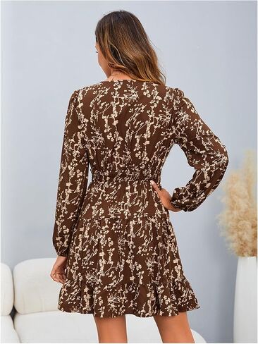 فستان MakeMeChic نسائي قصير الأكمام مزين بالزهور ورقبة على شكل حرف V وخصر مرن فساتين كاجوال in Kuwait