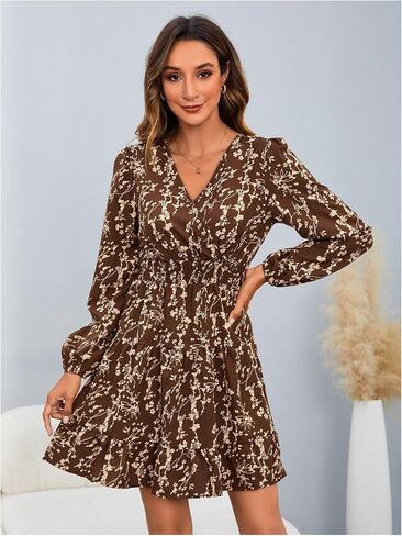 فستان MakeMeChic نسائي قصير الأكمام مزين بالزهور ورقبة على شكل حرف V وخصر مرن فساتين كاجوال in Kuwait