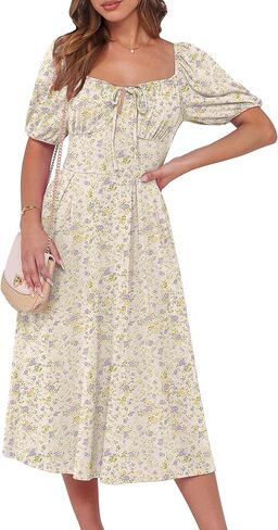 Caracilia Women Boho Floral Midi Dress Puff Sleeve Square Neck Tie Front Smocked Flowy Casual Summer Beach Wedding Dresses in Kuwait