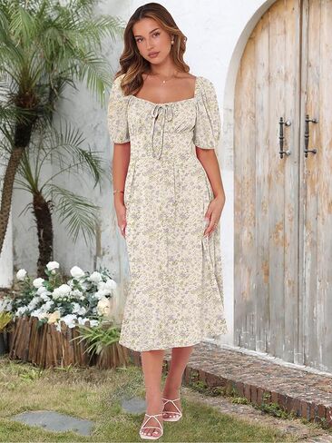 Caracilia Women Boho Floral Midi Dress Puff Sleeve Square Neck Tie Front Smocked Flowy Casual Summer Beach Wedding Dresses in Kuwait