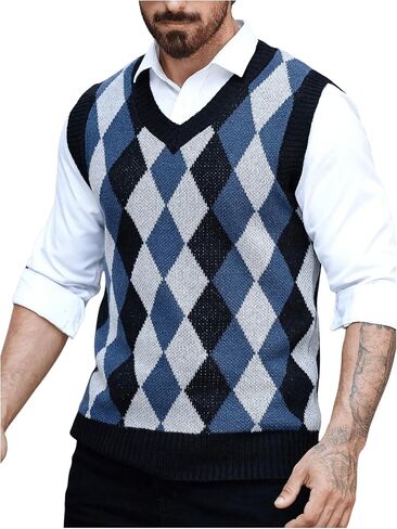 SOLY HUX Men's Plaid Sleeveless V Neck Sweater Vest Casual Knit Tank Tops in Saudi Arabia
