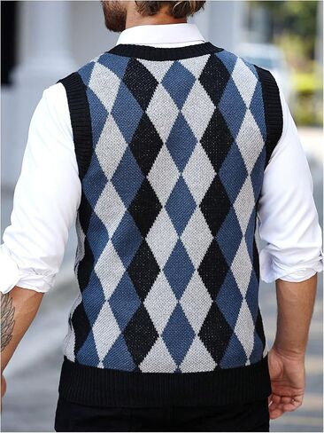 SOLY HUX Men's Plaid Sleeveless V Neck Sweater Vest Casual Knit Tank Tops in Saudi Arabia