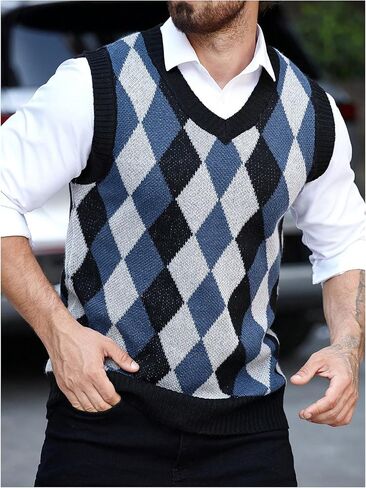 SOLY HUX Men's Plaid Sleeveless V Neck Sweater Vest Casual Knit Tank Tops in Saudi Arabia