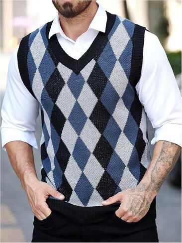 SOLY HUX Men's Plaid Sleeveless V Neck Sweater Vest Casual Knit Tank Tops in Saudi Arabia