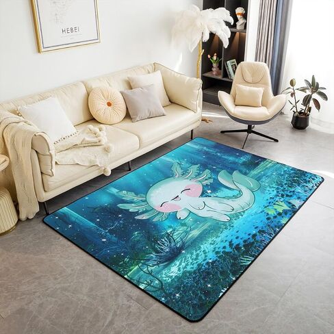 Castle Fairy Cartoon Axolotl Area Rug 5x6'6'' Cute Green Marine Life Non Slip Rug for Kids Teen Boys Women Men Coral Seaweed Plant Indoor Floor Mat for Dining Room Backyard Decor in Kuwait