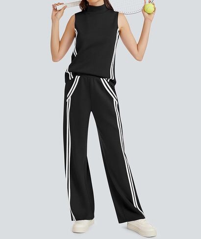 طقم مكون من قطعتين للنساء ملابس صيفية برقبة وهمية وبنطلون بأرجل واسعة وخطوط ملابس رياضية غير رسمية in Kuwait